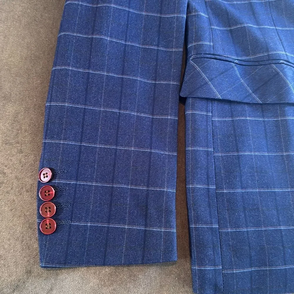 Men’s Blue Plaid 3 Piece Slim Fit Suit Notched Lapel Jacket 44 Pants 40 NEW